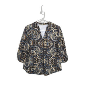 Women's Brown Blue Petite Blouse/Top Size M Claudia Richard Stretch 3/4 Sleeve